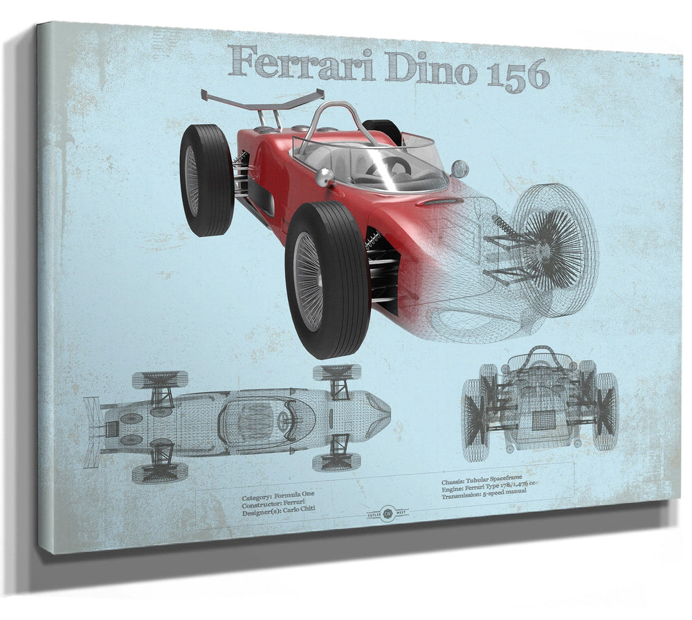 14" x 11" / Stretched Canvas Wrap Cutler West Ferrari Dino 156 F1 Original Blueprint Art