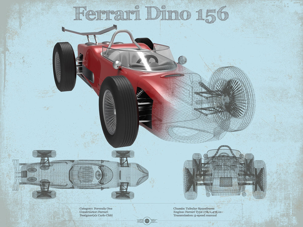 14" x 11" / Stretched Canvas Wrap Cutler West Ferrari Dino 156 F1 Original Blueprint Art