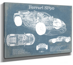 14" x 11" / Stretched Canvas Wrap Cutler West Ferrari SF90 Stradale Vintage Blueprint Auto Print