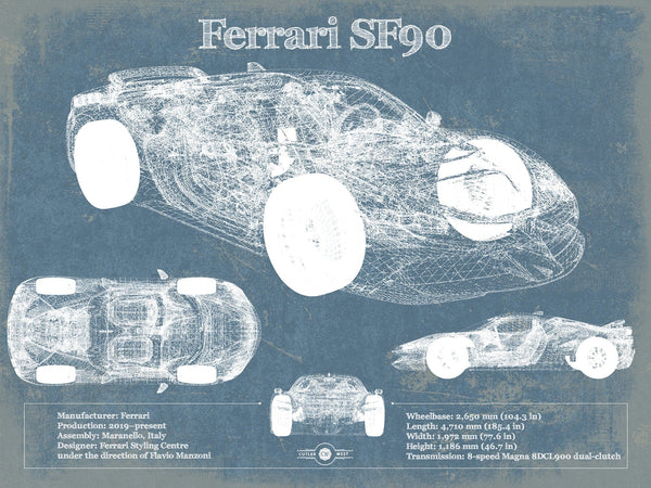 14" x 11" / Unframed Cutler West Ferrari SF90 Stradale Vintage Blueprint Auto Print