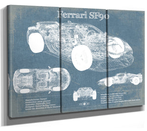 36" x 24" / 3 Panel Canvas Wrap Cutler West Ferrari SF90 Stradale Vintage Blueprint Auto Print