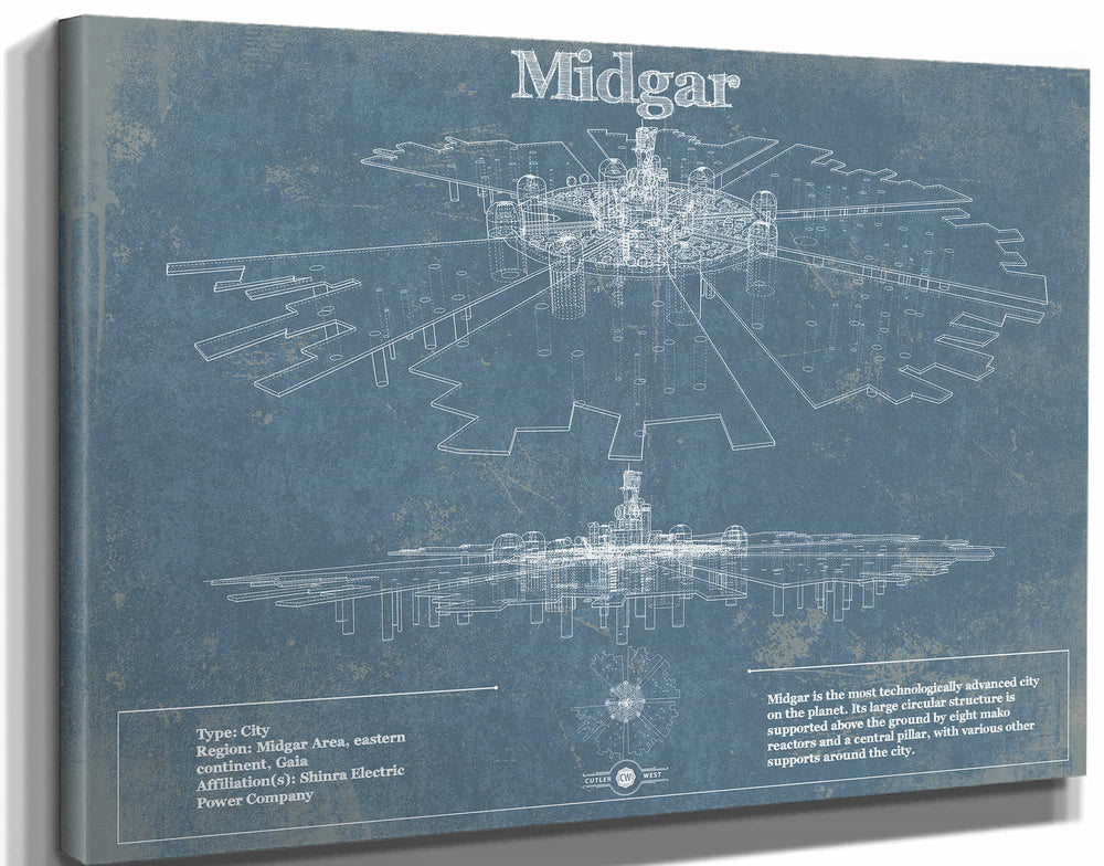 14" x 11" / Stretched Canvas Wrap Cutler West Final Fantasy Midgar Blueprint