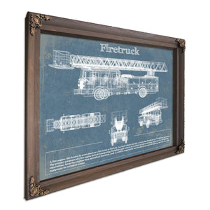 Fire Blueprint Art Print in a Bourbon stained wood frame with antique gold corners