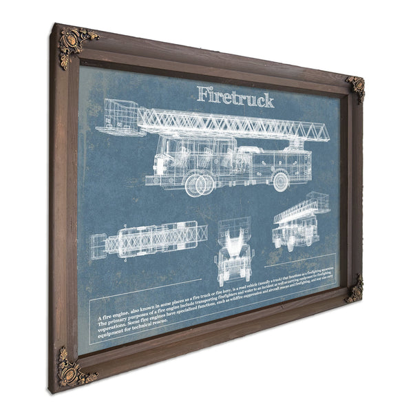 Fire Blueprint Art Print in a Bourbon stained wood frame with antique gold corners