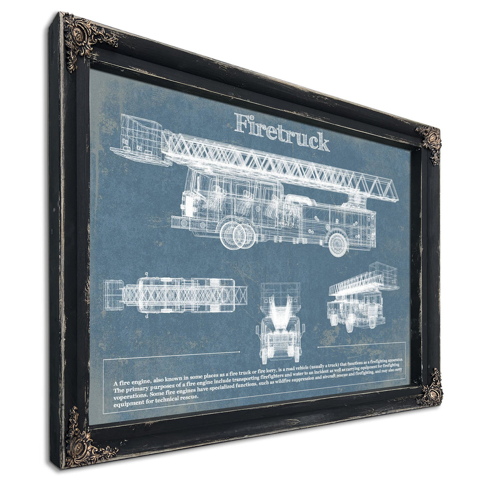 Fire Blueprint Art Print in a distressed Vintage Black wood frame with ornate corners