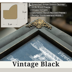 Vintage Black frame corner detail, 1.5 inch ornate wood moulding, Fire Blueprint Art Print
