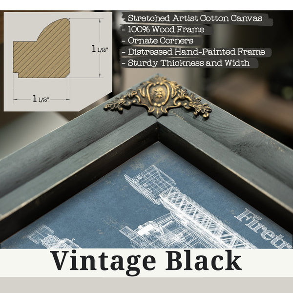 Vintage Black frame corner detail, 1.5 inch ornate wood moulding, Fire Blueprint Art Print