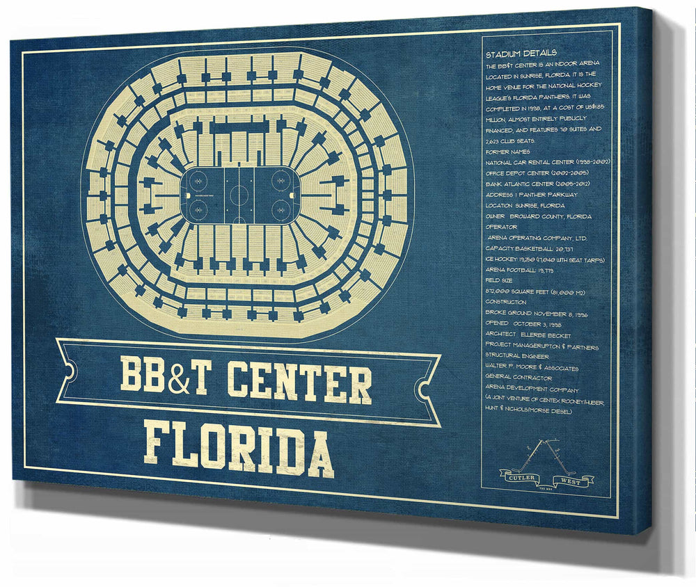 14" x 11" / Stretched Canvas Wrap Cutler West Florida Panthers BB&T Center Seating Chart - Vintage Hockey Print