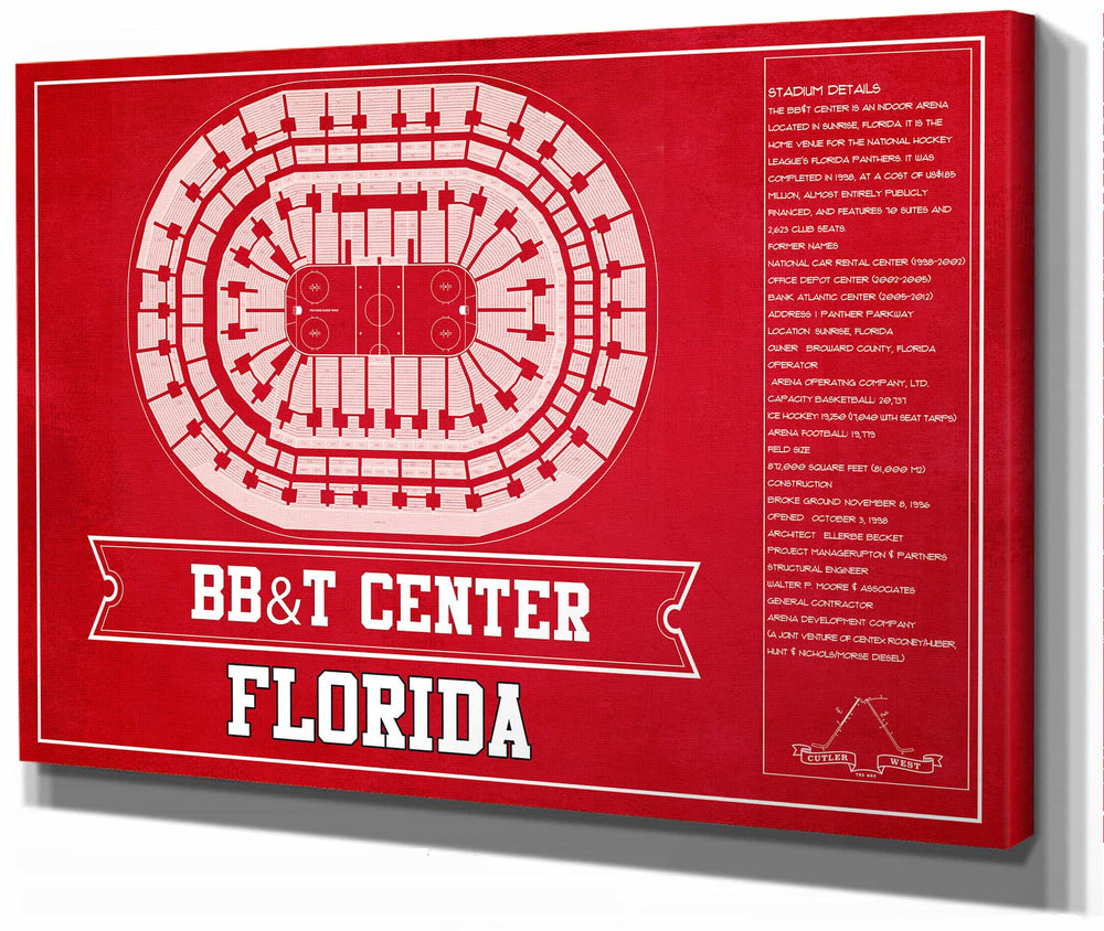 14" x 11" / Stretched Canvas Wrap Cutler West Florida Panthers BB&T Center Seating Chart - Vintage Hockey Team Color Print