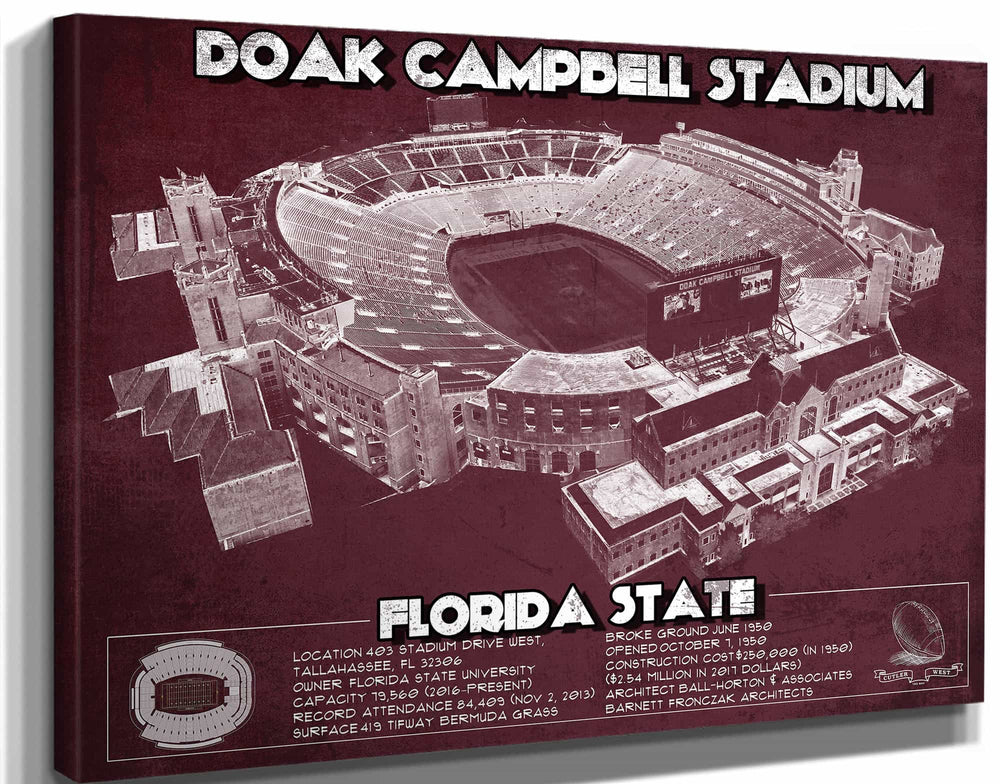 14" x 11" / Stretched Canvas Wrap Cutler West Florida State Seminoles - Doak Campbell Stadium Vintage FSU College Football Art Print