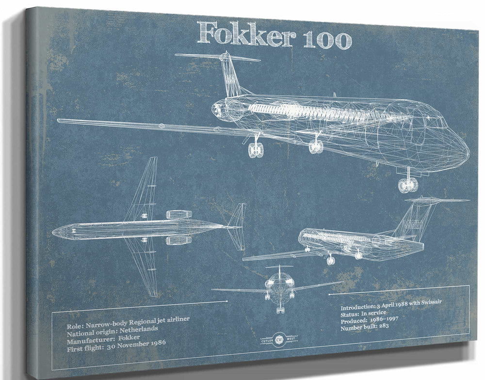 14" x 11" / Stretched Canvas Wrap Cutler West Fokker 100 Jet Wall Art