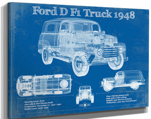 14" x 11" / Stretched Canvas Wrap Cutler West Ford D F1 1948 Truck Vintage Blueprint Auto Print