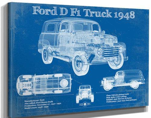 14" x 11" / Stretched Canvas Wrap Cutler West Ford D F1 1948 Truck Vintage Blueprint Auto Print