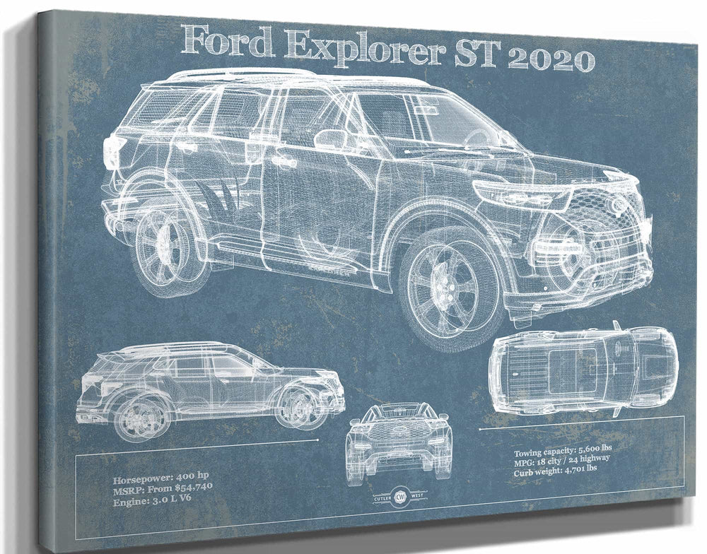 14" x 11" / Stretched Canvas Wrap Cutler West Ford Explorer ST 2020 Vintage Blueprint Auto Print