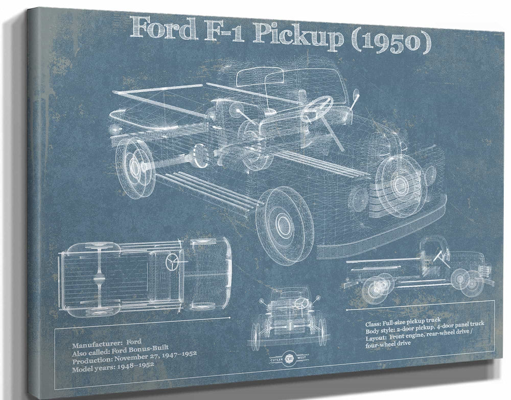 14" x 11" / Stretched Canvas Wrap Cutler West Ford F-1 Pickup 1950 Vintage Blueprint Truck Print