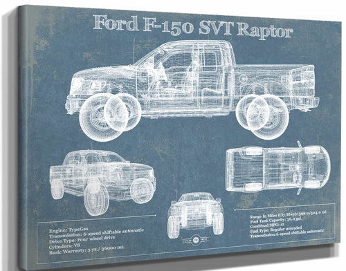 14" x 11" / Stretched Canvas Wrap Cutler West Ford F-150 SVT Raptor Truck Vintage Blueprint Auto Print (2011)