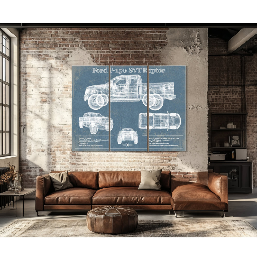 2011 Ford F-150 SVT Raptor Blueprint Truck Print as a 3 panel canvas wrap in an industrial loft office