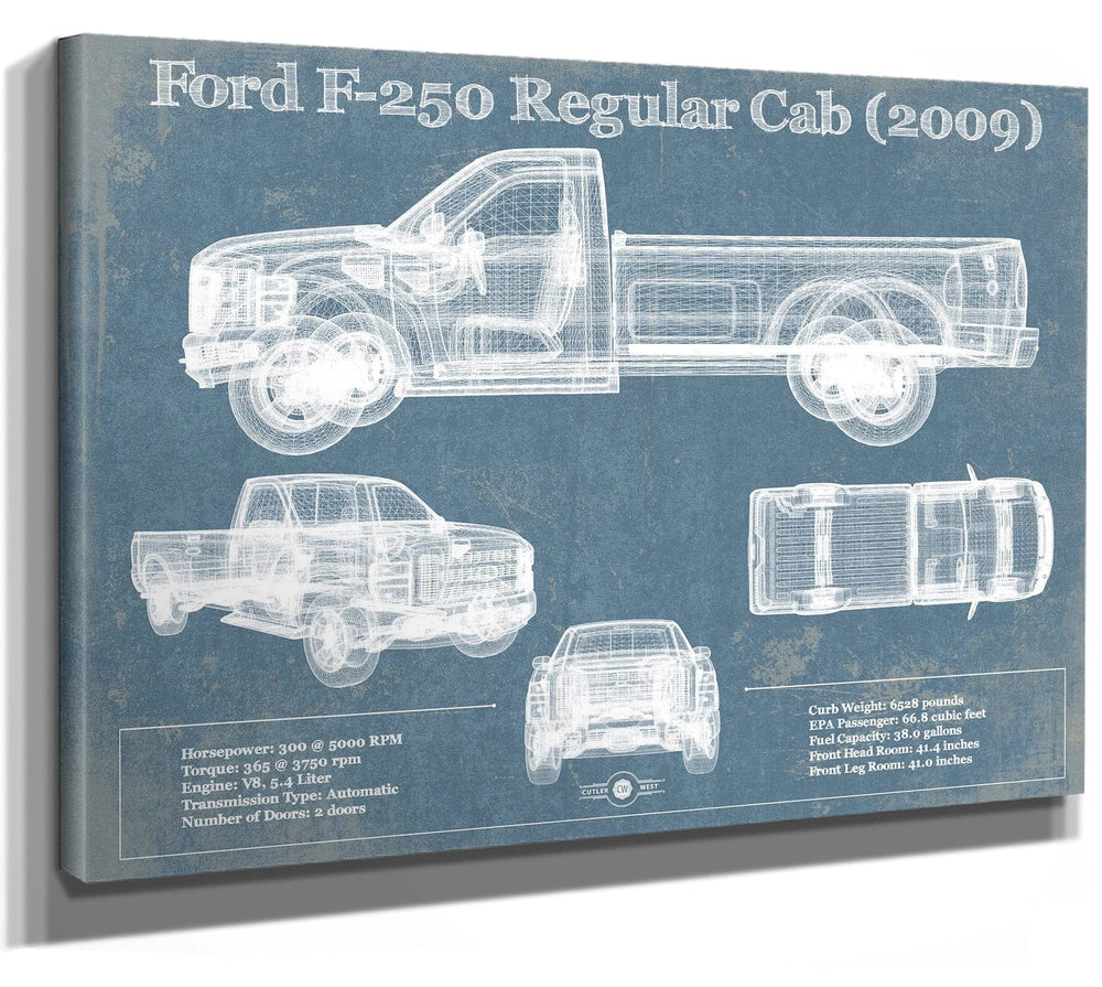14" x 11" / Stretched Canvas Wrap Cutler West Ford F-250 Regular Cab (2009) Blueprint Vintage Auto Print