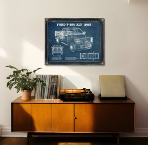 2015 Ford F-250 XLT Blueprint Truck Print framed in Vintage Black in a loft bedroom