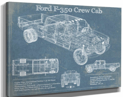 14" x 11" / Stretched Canvas Wrap Cutler West Ford F-350 Crew Cab Vintage Blueprint Auto Print