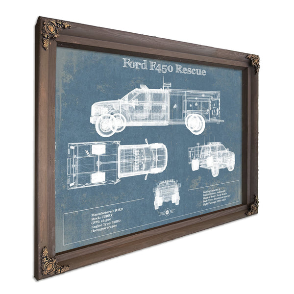 Ford F450 Rescue Blueprint Truck Print in a Bourbon stained wood frame with antique gold corners