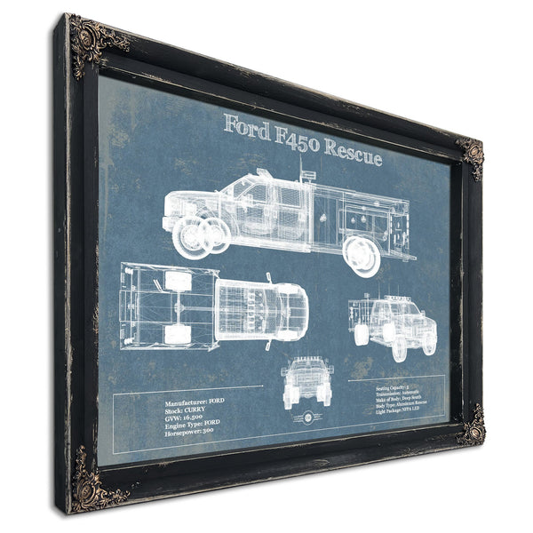 Ford F450 Rescue Blueprint Truck Print in a distressed Vintage Black wood frame with ornate corners