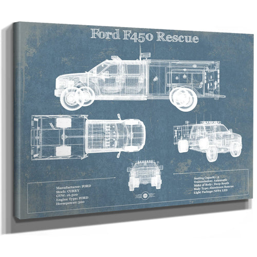 Ford F450 Rescue Blueprint Truck Print as a stretched canvas wrap with gallery wrapped edges