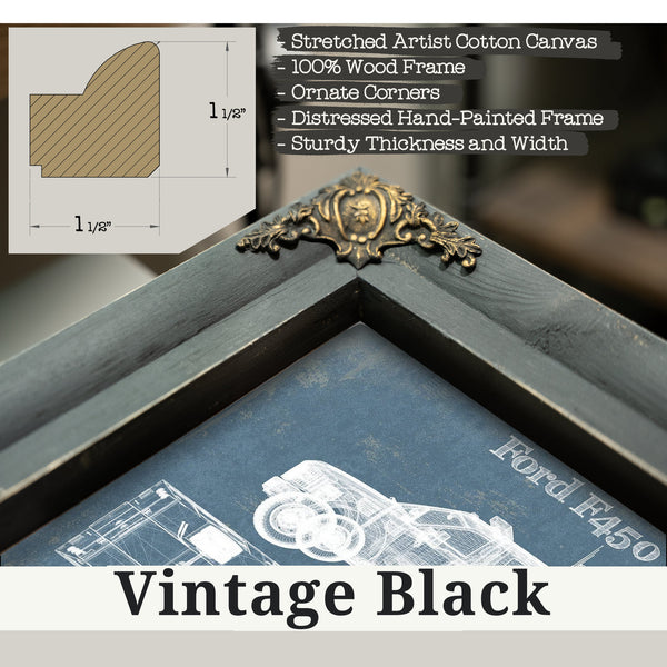 Vintage Black frame corner detail, 1.5 inch ornate wood moulding, Ford F450 Rescue Blueprint Truck Print