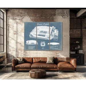 Ford Field - Detroit Lions NFL Stadium Print as a 3 panel canvas wrap above a leather sofa