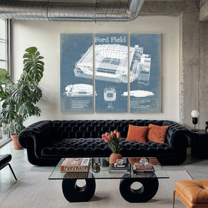 Ford Field - Detroit Lions NFL Stadium Print as a 3 panel canvas wrap in a modern living room