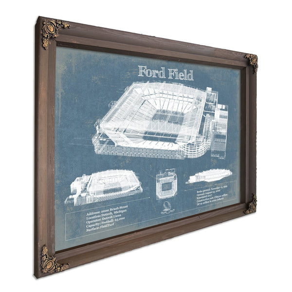 Ford Field - Detroit Lions NFL Stadium Print in a Bourbon stained wood frame with antique gold corners