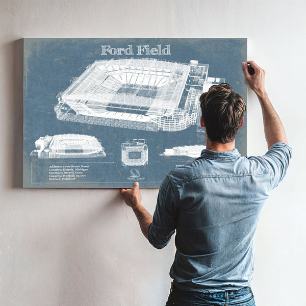 Ford Field - Detroit Lions NFL Stadium Print framed in Vintage Black above a mid-century record console