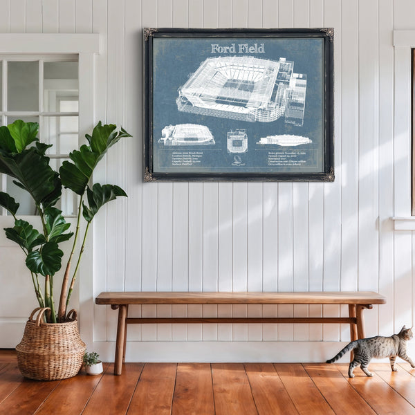 Ford Field - Detroit Lions NFL Stadium Print framed in Vintage Black above a rustic console table