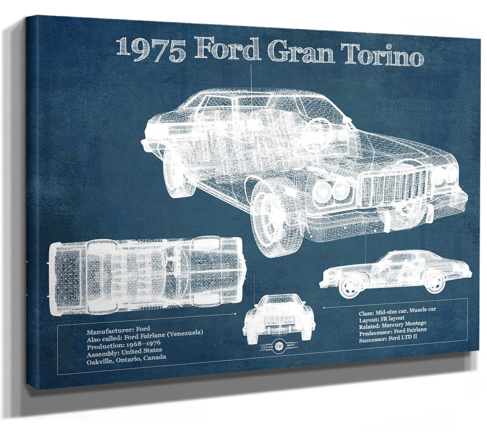 14" x 11" / Stretched Canvas Wrap Cutler West Ford Gran Torino 1975 - Blueprint Vintage Auto Print