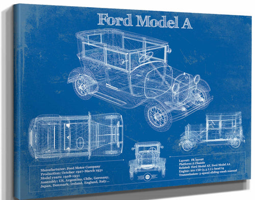 14" x 11" / Stretched Canvas Wrap Cutler West Ford Model A Vintage Blueprint Auto Print