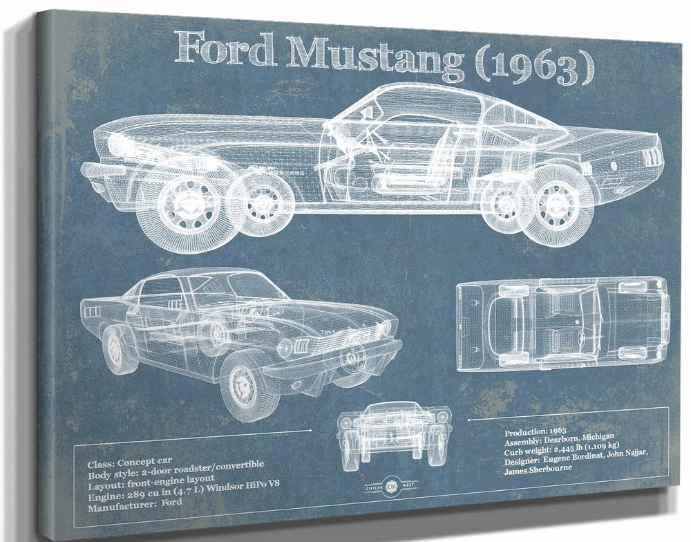 14" x 11" / Stretched Canvas Wrap Cutler West Ford Mustang 1963 Original Blueprint Art