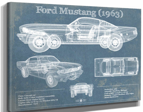 14" x 11" / Stretched Canvas Wrap Cutler West Ford Mustang 1963 Original Blueprint Art