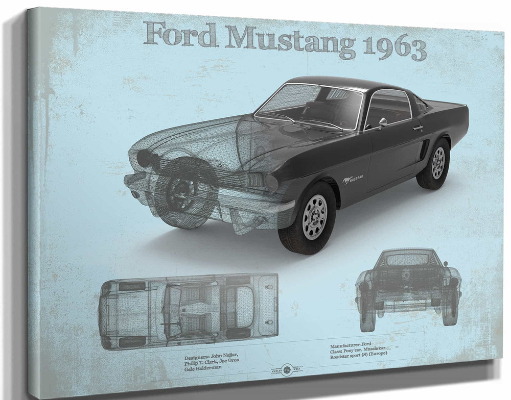 14" x 11" / Stretched Canvas Wrap Cutler West Ford Mustang 1963 Original Blueprint Art