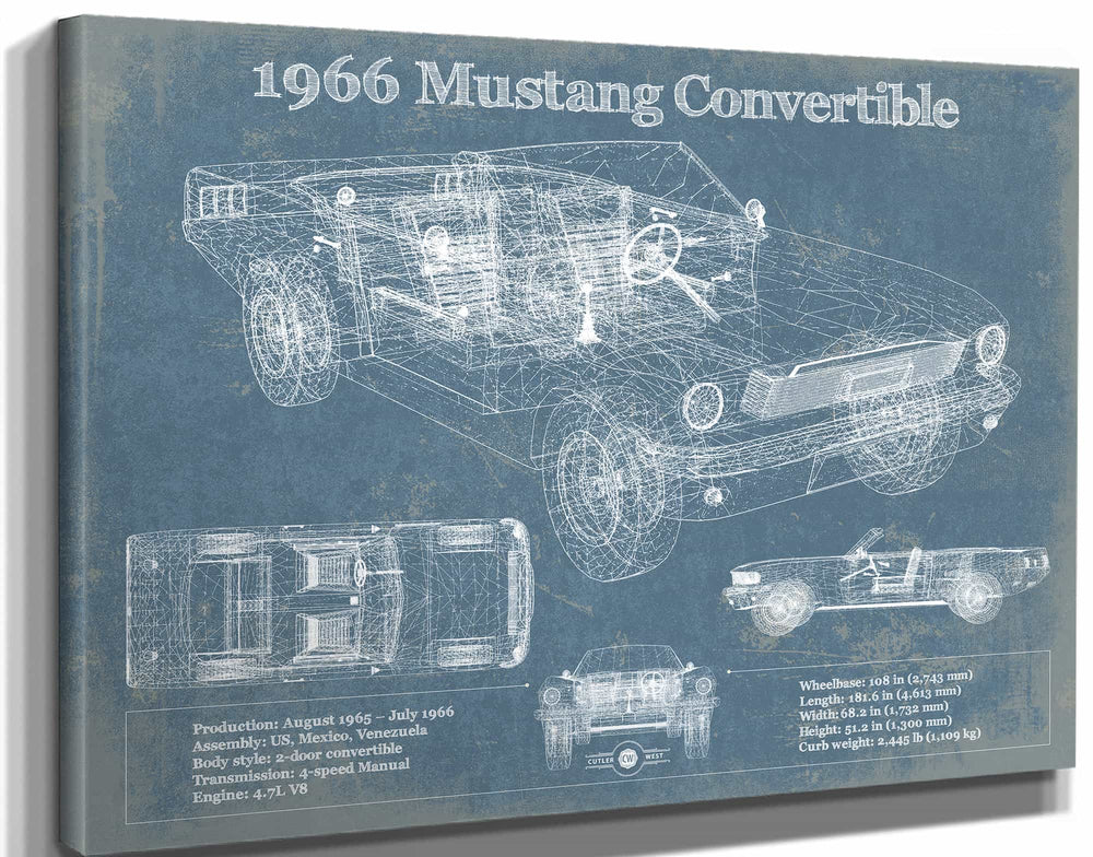 14" x 11" / Stretched Canvas Wrap Cutler West Ford Mustang 1966 Convertible Original Blueprint Art
