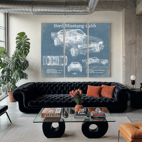1966 Ford Mustang Blueprint Art Print as a 3 panel canvas wrap in a modern living room
