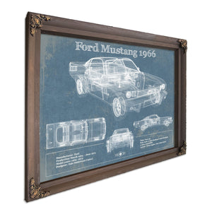 1966 Ford Mustang Blueprint Art Print in a Bourbon stained wood frame with antique gold corners