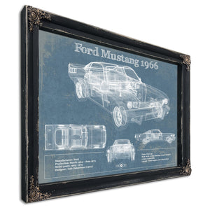 1966 Ford Mustang Blueprint Art Print in a distressed Vintage Black wood frame with ornate corners