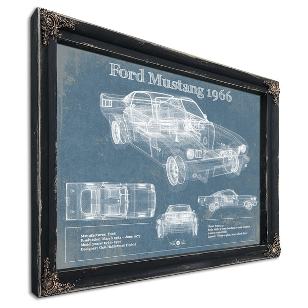 1966 Ford Mustang Blueprint Art Print in a distressed Vintage Black wood frame with ornate corners