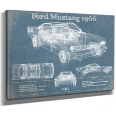 1966 Ford Mustang Blueprint Art Print as a stretched canvas wrap with gallery wrapped edges