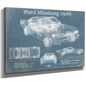 1966 Ford Mustang Blueprint Art Print as a stretched canvas wrap with gallery wrapped edges