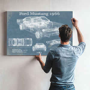 1966 Ford Mustang Blueprint Art Print framed in Vintage Black above a mid-century record console