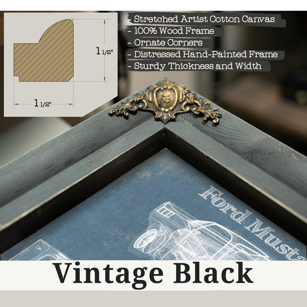 Vintage Black frame corner detail, 1.5 inch ornate wood moulding, 1966 Ford Mustang Blueprint Art Print