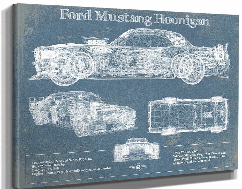 14" x 11" / Stretched Canvas Wrap Cutler West Ford Mustang Hoonigan Vintage Blueprint Auto Print