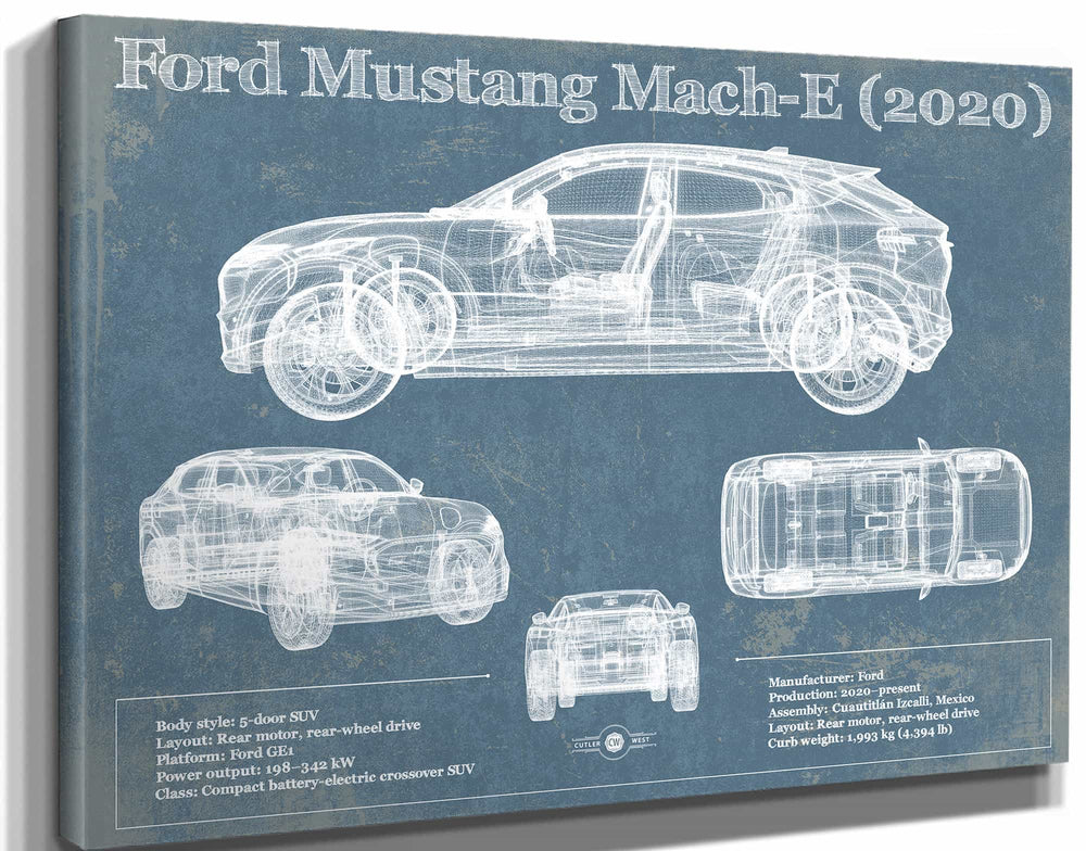 14" x 11" / Stretched Canvas Wrap Cutler West Ford Mustang Mach-E 2020 Blueprint Vintage Auto Print