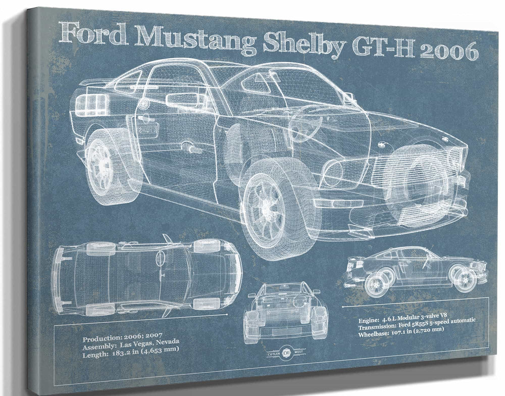 14" x 11" / Stretched Canvas Wrap Cutler West Ford Mustang Shelby GT-H 2006 Original Blueprint Art